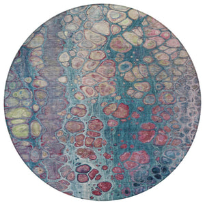 HomeRoots 5' Stylish Teal Blue and Plum Abstract Area Rug for Indoor and Outdoor Use - Durable & Washable Design 8' Round 626662