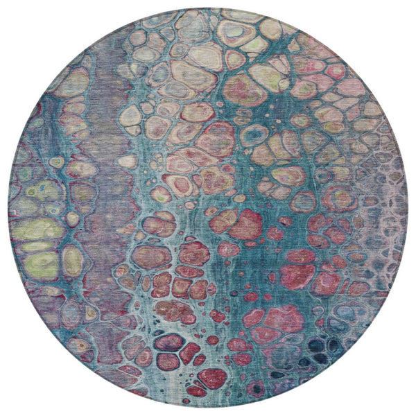 HomeRoots 5' Stylish Teal Blue and Plum Abstract Area Rug for Indoor and Outdoor Use - Durable & Washable Design 8' Round 626662