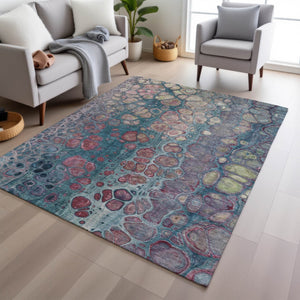 HomeRoots 5' Stylish Teal Blue and Plum Abstract Area Rug for Indoor and Outdoor Use - Durable & Washable Design 8' X 10' 626663