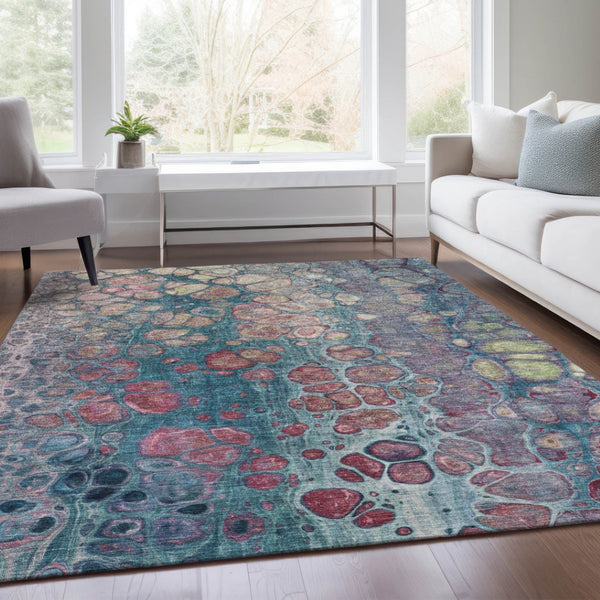 HomeRoots 5' Stylish Teal Blue and Plum Abstract Area Rug for Indoor and Outdoor Use - Durable & Washable Design 8' X 10' 626663