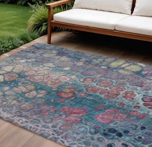 HomeRoots 5' Stylish Teal Blue and Plum Abstract Area Rug for Indoor and Outdoor Use - Durable & Washable Design 9' X 12' 626664