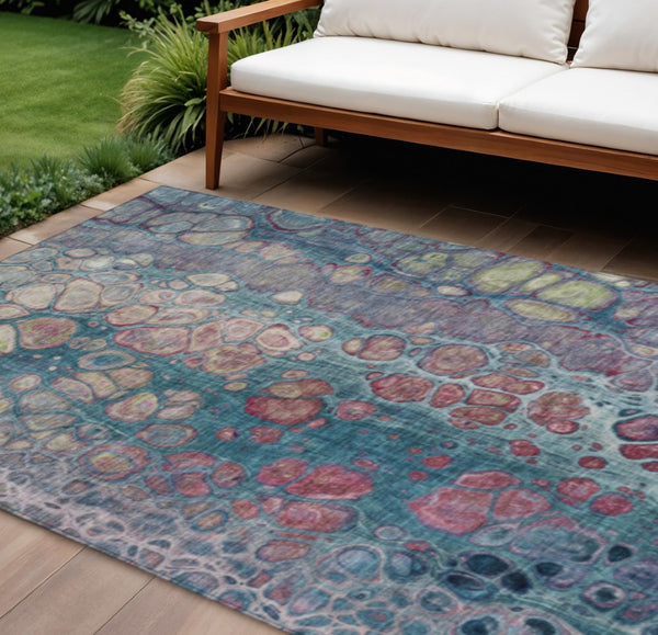 HomeRoots 5' Stylish Teal Blue and Plum Abstract Area Rug for Indoor and Outdoor Use - Durable & Washable Design 9' X 12' 626664