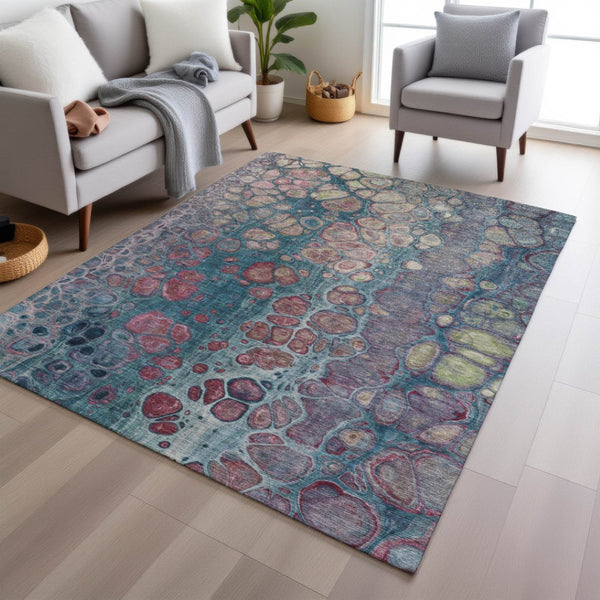 HomeRoots 5' Stylish Teal Blue and Plum Abstract Area Rug for Indoor and Outdoor Use - Durable & Washable Design 9' X 12' 626664