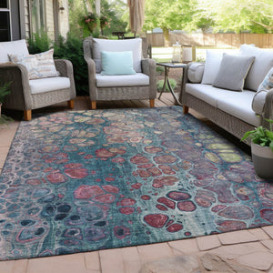HomeRoots 5' Stylish Teal Blue and Plum Abstract Area Rug for Indoor and Outdoor Use - Durable & Washable Design 10' X 14' 626665