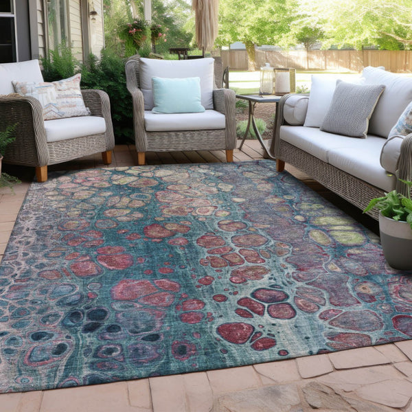 HomeRoots 5' Stylish Teal Blue and Plum Abstract Area Rug for Indoor and Outdoor Use - Durable & Washable Design 10' X 14' 626665