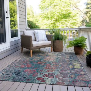 HomeRoots 5' Stylish Teal Blue and Plum Abstract Area Rug for Indoor and Outdoor Use - Durable & Washable Design 10' X 14' 626665