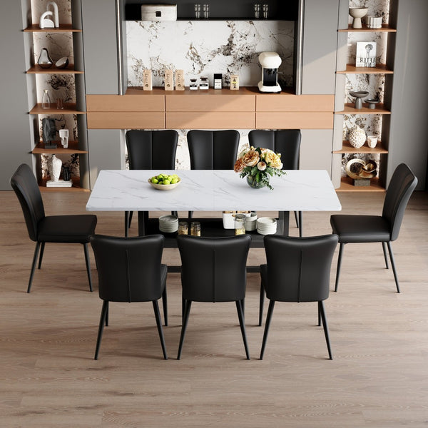 English Elm Table And Chair Set - Modern 71" White Grain Dining Table With Storage & 8 Stylish Black Pu Chairs W1151S04269-GIGA