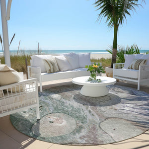 HomeRoots 5' Khaki Beige and Purple Abstract Area Rug - Stylish, Washable, Durable for Indoor and Outdoor Use 8' Round 626674