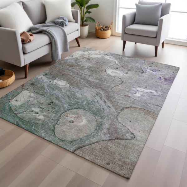 HomeRoots 5' Khaki Beige and Purple Abstract Area Rug - Stylish, Washable, Durable for Indoor and Outdoor Use 9' X 12' 626676