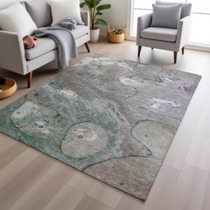 HomeRoots 5' Khaki Beige and Purple Abstract Area Rug - Stylish, Washable, Durable for Indoor and Outdoor Use 10' X 14' 626677