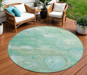 HomeRoots 5' Washable Indoor/Outdoor Area Rug in Teal Blue, Mint Green & Ivory – Modern Abstract Design 8' Round 626698