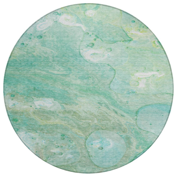 HomeRoots 5' Washable Indoor/Outdoor Area Rug in Teal Blue, Mint Green & Ivory – Modern Abstract Design 8' Round 626698