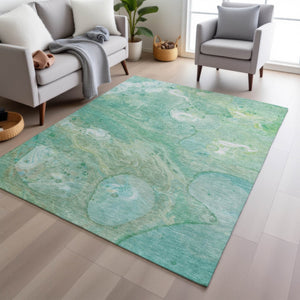 HomeRoots 5' Washable Indoor/Outdoor Area Rug in Teal Blue, Mint Green & Ivory – Modern Abstract Design 8' X 10' 626699