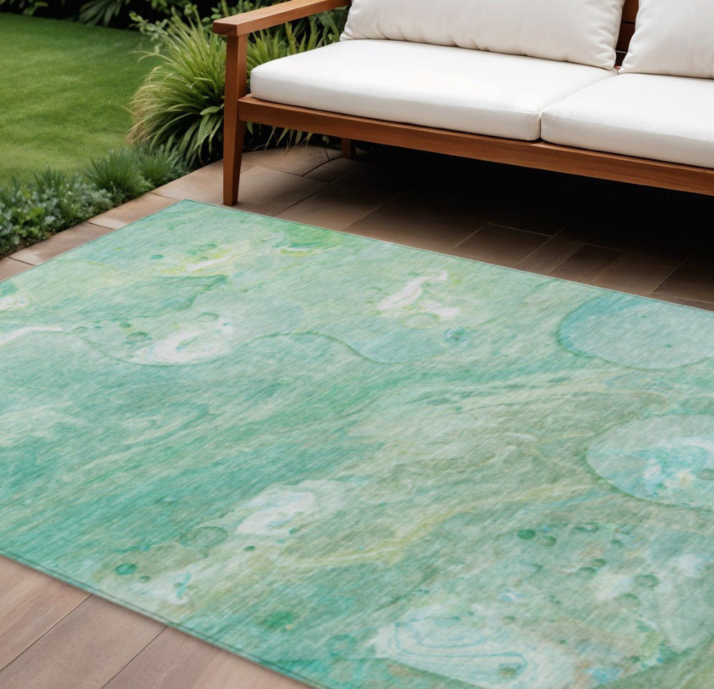 HomeRoots 5' Washable Indoor/Outdoor Area Rug in Teal Blue, Mint Green & Ivory – Modern Abstract Design 9' X 12' 626700