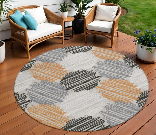 HomeRoots 5' Copper Ivory and Gray Geometric Indoor Outdoor Area Rug - Stylish, Durable, and Washable Design 8' Round 626710
