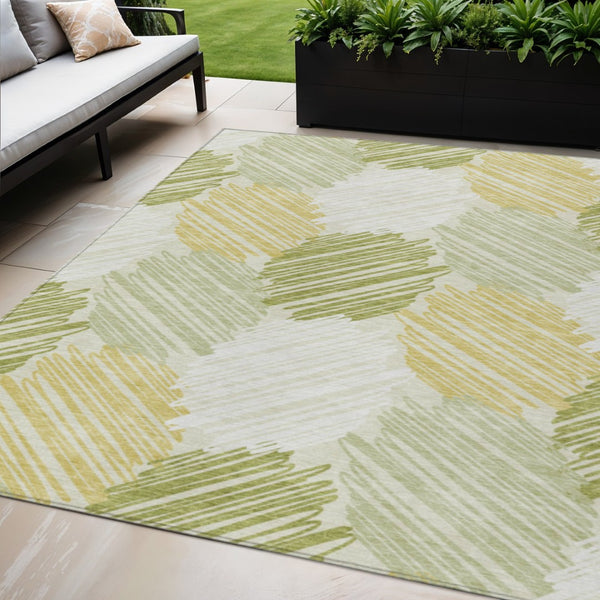 HomeRoots 5' Stylish Green Ivory Gold Geometric Washable Area Rug for Indoor Outdoor High-Traffic Spaces 5' X 8' 626715