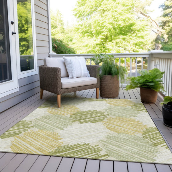 HomeRoots 5' Stylish Green Ivory Gold Geometric Washable Area Rug for Indoor Outdoor High-Traffic Spaces 5' X 8' 626715