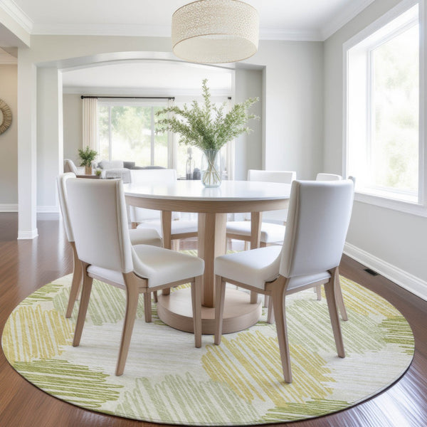 HomeRoots 5' Stylish Green Ivory Gold Geometric Washable Area Rug for Indoor Outdoor High-Traffic Spaces 8' Round 626716