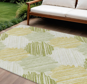 HomeRoots 5' Stylish Green Ivory Gold Geometric Washable Area Rug for Indoor Outdoor High-Traffic Spaces 9' X 12' 626718
