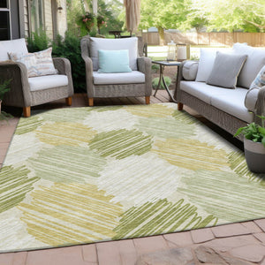 HomeRoots 5' Stylish Green Ivory Gold Geometric Washable Area Rug for Indoor Outdoor High-Traffic Spaces 9' X 12' 626718