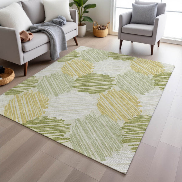 HomeRoots 5' Stylish Green Ivory Gold Geometric Washable Area Rug for Indoor Outdoor High-Traffic Spaces 9' X 12' 626718