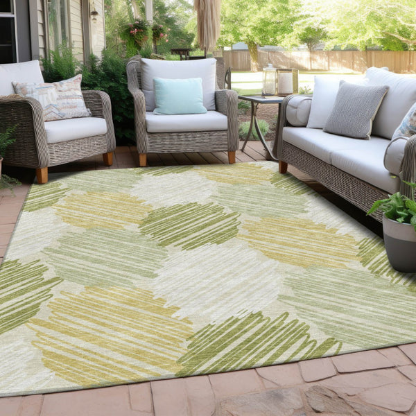 HomeRoots 5' Stylish Green Ivory Gold Geometric Washable Area Rug for Indoor Outdoor High-Traffic Spaces 10' X 14' 626719