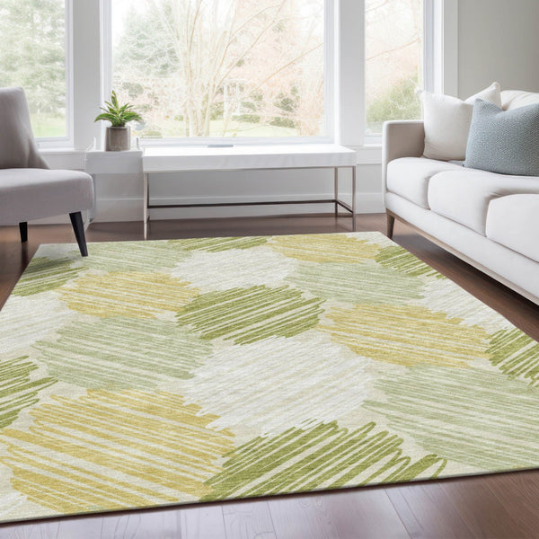 HomeRoots 5' Stylish Green Ivory Gold Geometric Washable Area Rug for Indoor Outdoor High-Traffic Spaces 10' X 14' 626719