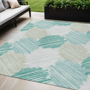 HomeRoots 5' Stylish Teal Blue, Ivory & Taupe Geometric Area Rug - Durable, Washable for Indoor & Outdoor Use 5' X 8' 626721