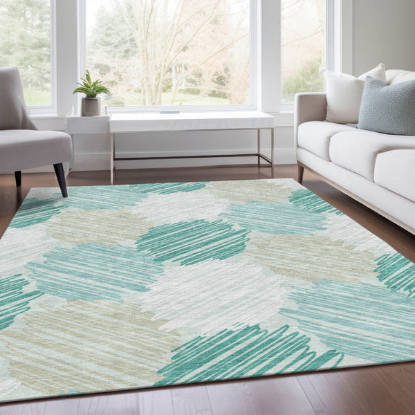 HomeRoots 5' Stylish Teal Blue, Ivory & Taupe Geometric Area Rug - Durable, Washable for Indoor & Outdoor Use 5' X 8' 626721