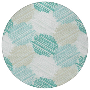 HomeRoots 5' Stylish Teal Blue, Ivory & Taupe Geometric Area Rug - Durable, Washable for Indoor & Outdoor Use 8' Round 626722