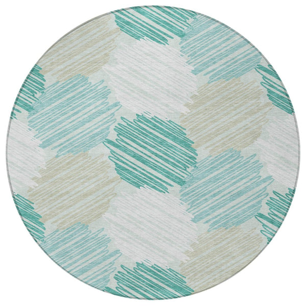 HomeRoots 5' Stylish Teal Blue, Ivory & Taupe Geometric Area Rug - Durable, Washable for Indoor & Outdoor Use 8' Round 626722