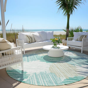 HomeRoots 5' Stylish Teal Blue, Ivory & Taupe Geometric Area Rug - Durable, Washable for Indoor & Outdoor Use 8' Round 626722