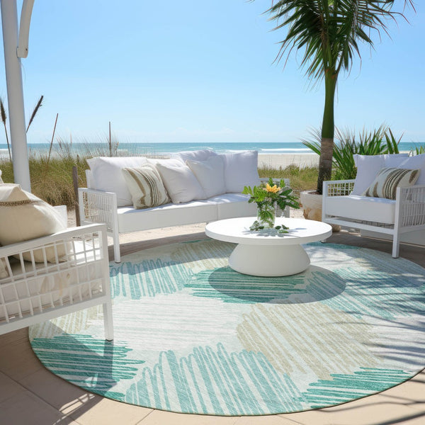HomeRoots 5' Stylish Teal Blue, Ivory & Taupe Geometric Area Rug - Durable, Washable for Indoor & Outdoor Use 8' Round 626722