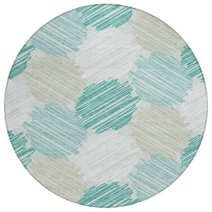 HomeRoots 5' Stylish Teal Blue, Ivory & Taupe Geometric Area Rug - Durable, Washable for Indoor & Outdoor Use 8' Round 626722