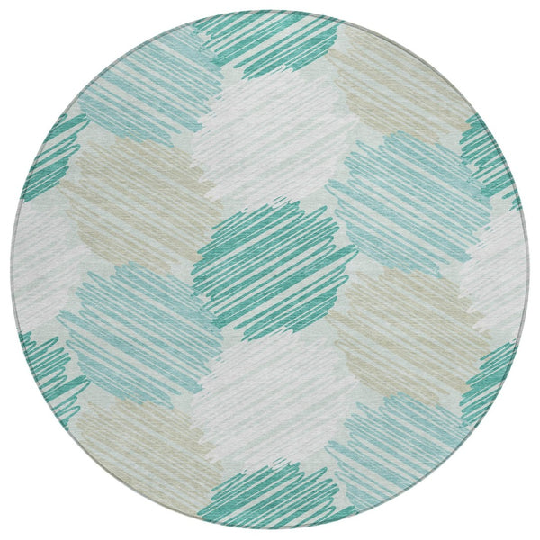 HomeRoots 5' Stylish Teal Blue, Ivory & Taupe Geometric Area Rug - Durable, Washable for Indoor & Outdoor Use 8' Round 626722