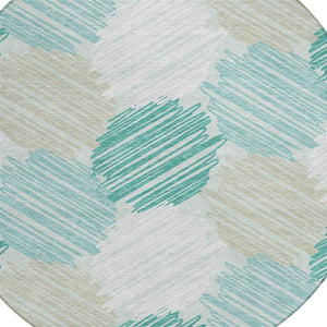 HomeRoots 5' Stylish Teal Blue, Ivory & Taupe Geometric Area Rug - Durable, Washable for Indoor & Outdoor Use 8' Round 626722