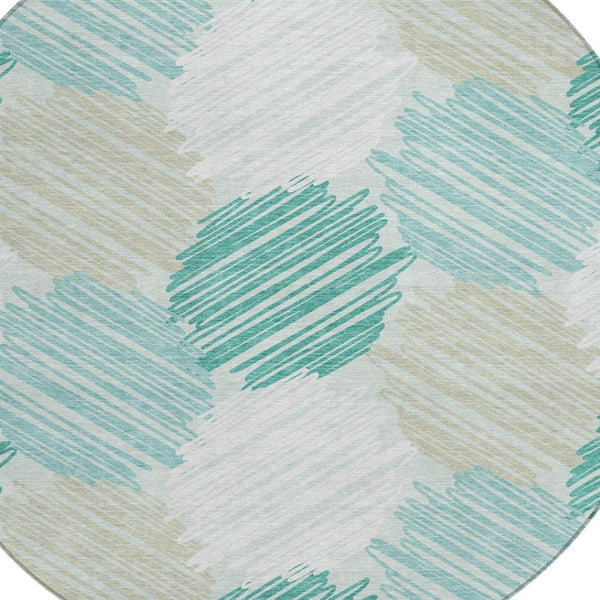 HomeRoots 5' Stylish Teal Blue, Ivory & Taupe Geometric Area Rug - Durable, Washable for Indoor & Outdoor Use 8' Round 626722