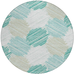 HomeRoots 5' Stylish Teal Blue, Ivory & Taupe Geometric Area Rug - Durable, Washable for Indoor & Outdoor Use 8' Round 626722