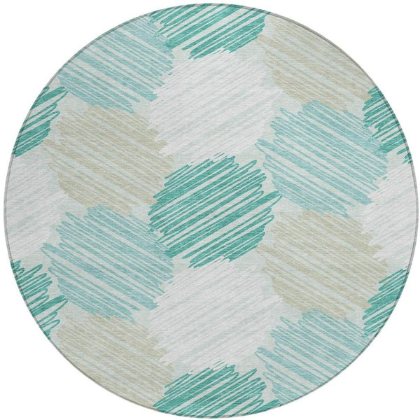 HomeRoots 5' Stylish Teal Blue, Ivory & Taupe Geometric Area Rug - Durable, Washable for Indoor & Outdoor Use 8' Round 626722