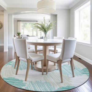 HomeRoots 5' Stylish Teal Blue, Ivory & Taupe Geometric Area Rug - Durable, Washable for Indoor & Outdoor Use 8' Round 626722