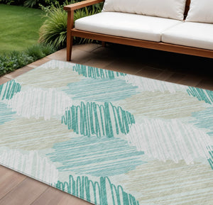 HomeRoots 5' Stylish Teal Blue, Ivory & Taupe Geometric Area Rug - Durable, Washable for Indoor & Outdoor Use 9' X 12' 626724