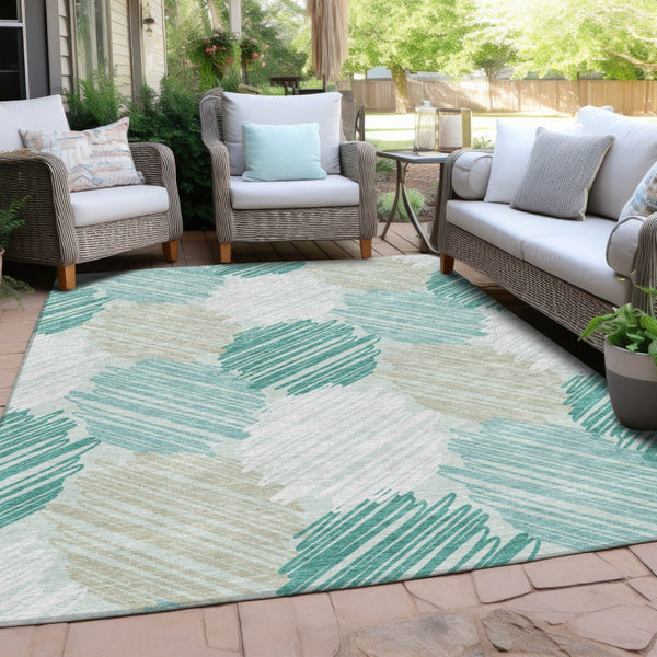 HomeRoots 5' Stylish Teal Blue, Ivory & Taupe Geometric Area Rug - Durable, Washable for Indoor & Outdoor Use 9' X 12' 626724