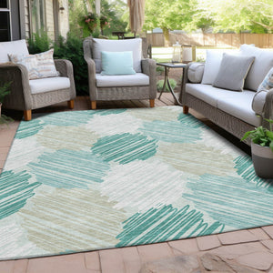HomeRoots 5' Stylish Teal Blue, Ivory & Taupe Geometric Area Rug - Durable, Washable for Indoor & Outdoor Use 10' X 14' 626725