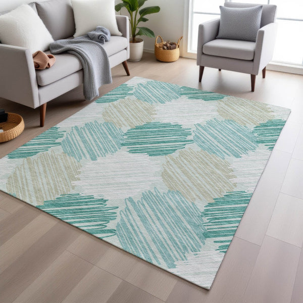 HomeRoots 5' Stylish Teal Blue, Ivory & Taupe Geometric Area Rug - Durable, Washable for Indoor & Outdoor Use 10' X 14' 626725