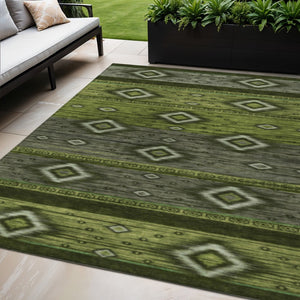 HomeRoots 5' Tribal Area Rug in Artichoke Green, Gray & Fern Green - Durable, Washable for Indoor & Outdoor Use 5' X 8' 626727