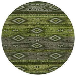 HomeRoots 5' Tribal Area Rug in Artichoke Green, Gray & Fern Green - Durable, Washable for Indoor & Outdoor Use 8' Round 626728