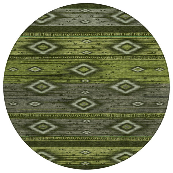 HomeRoots 5' Tribal Area Rug in Artichoke Green, Gray & Fern Green - Durable, Washable for Indoor & Outdoor Use 8' Round 626728