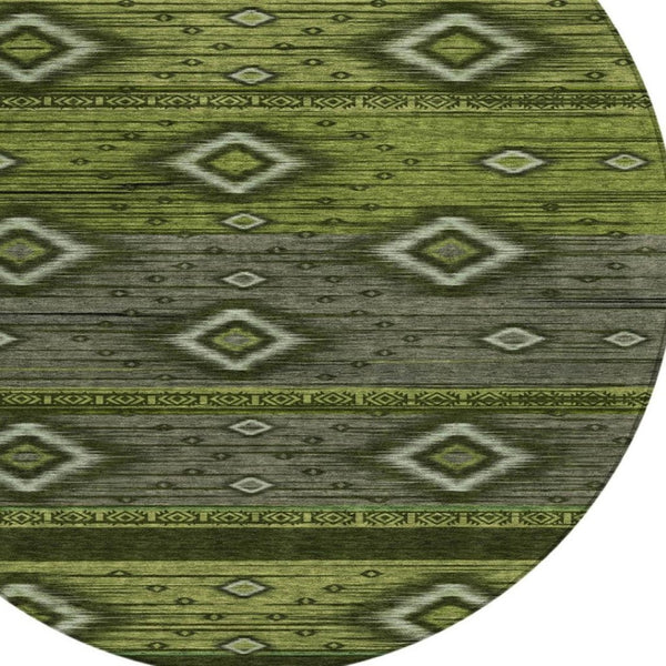 HomeRoots 5' Tribal Area Rug in Artichoke Green, Gray & Fern Green - Durable, Washable for Indoor & Outdoor Use 8' Round 626728