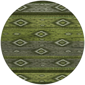 HomeRoots 5' Tribal Area Rug in Artichoke Green, Gray & Fern Green - Durable, Washable for Indoor & Outdoor Use 8' Round 626728