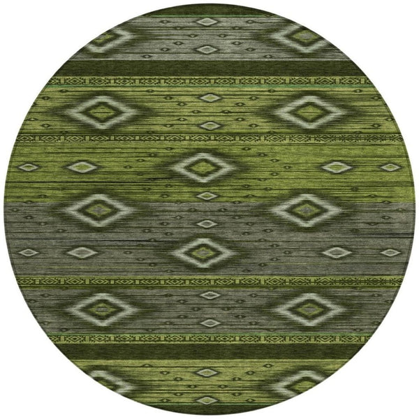 HomeRoots 5' Tribal Area Rug in Artichoke Green, Gray & Fern Green - Durable, Washable for Indoor & Outdoor Use 8' Round 626728
